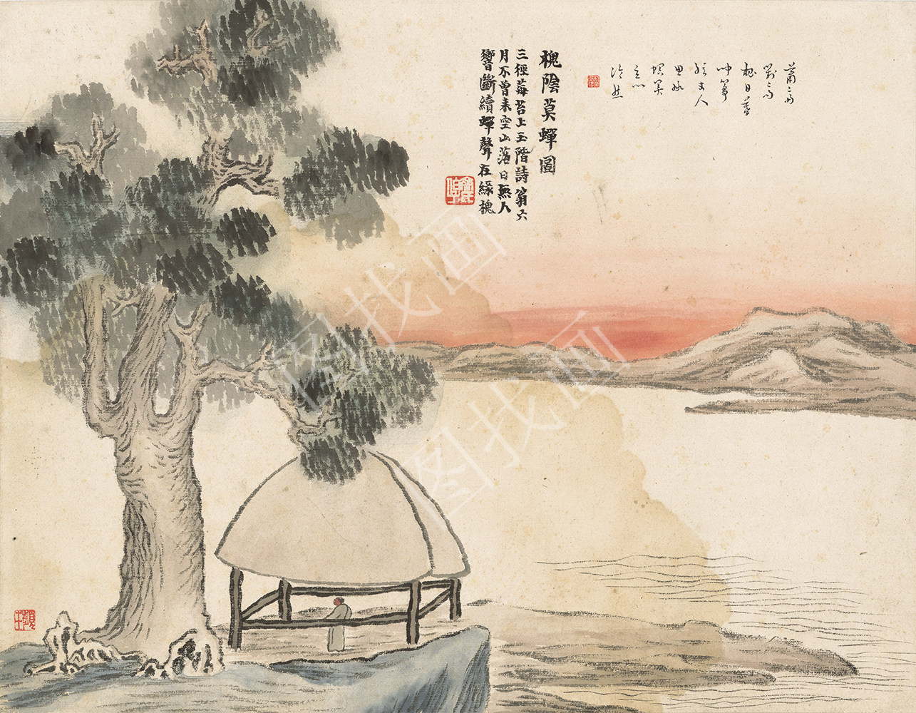 齐白石 1910石门二十四景图-槐荫莫蝉图 45x35cm